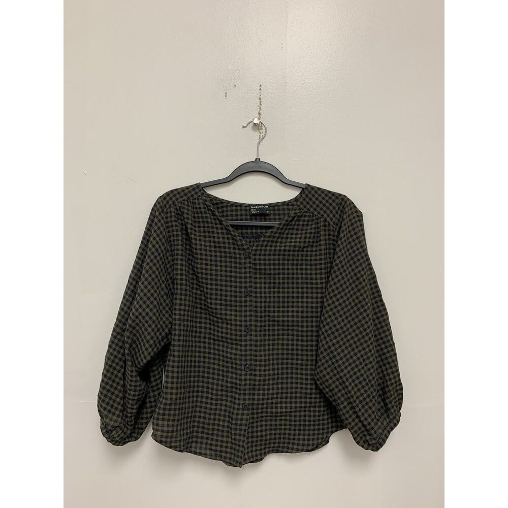 Frank & Oak Green & Navy Checkered Puff-Sleeve Top XS